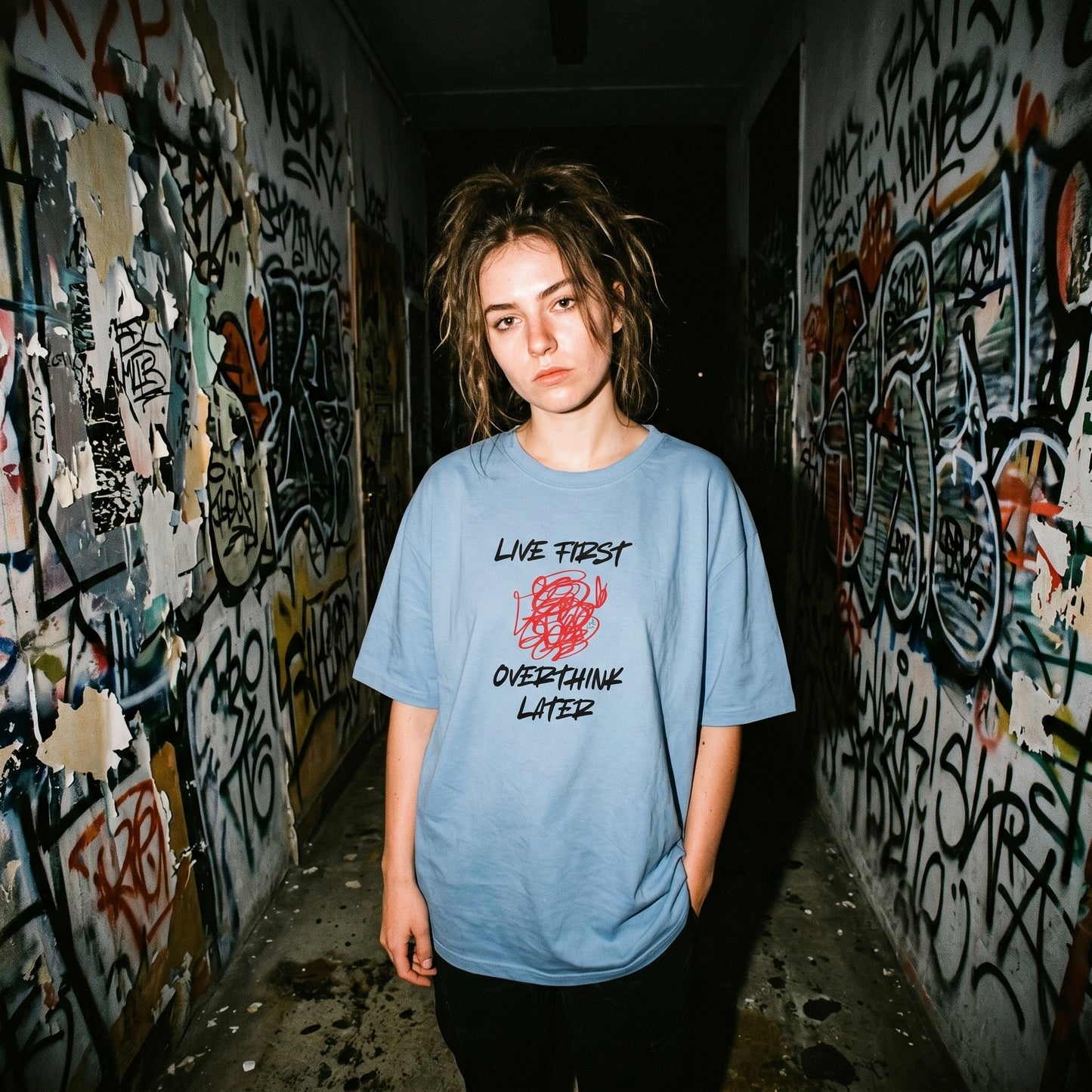 Model in motion wearing the expressive Live!! unisex oversized streetwear t-shirt by MonkeyTricks.