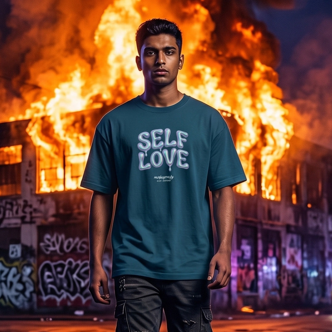 "Model wearing the aesthetic Self Love unisex oversized streetwear t-shirt in white by MonkeyTricks.