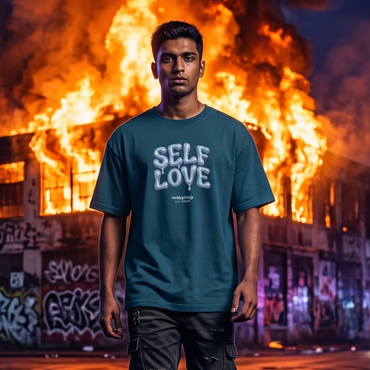 "Model wearing the aesthetic Self Love unisex oversized streetwear t-shirt in white by MonkeyTricks.
